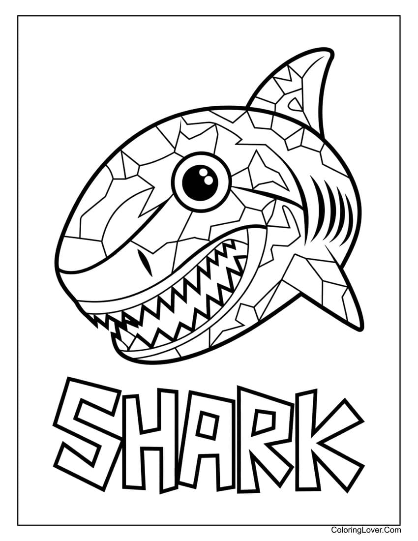 Geometric shark coloring page with bold shapes