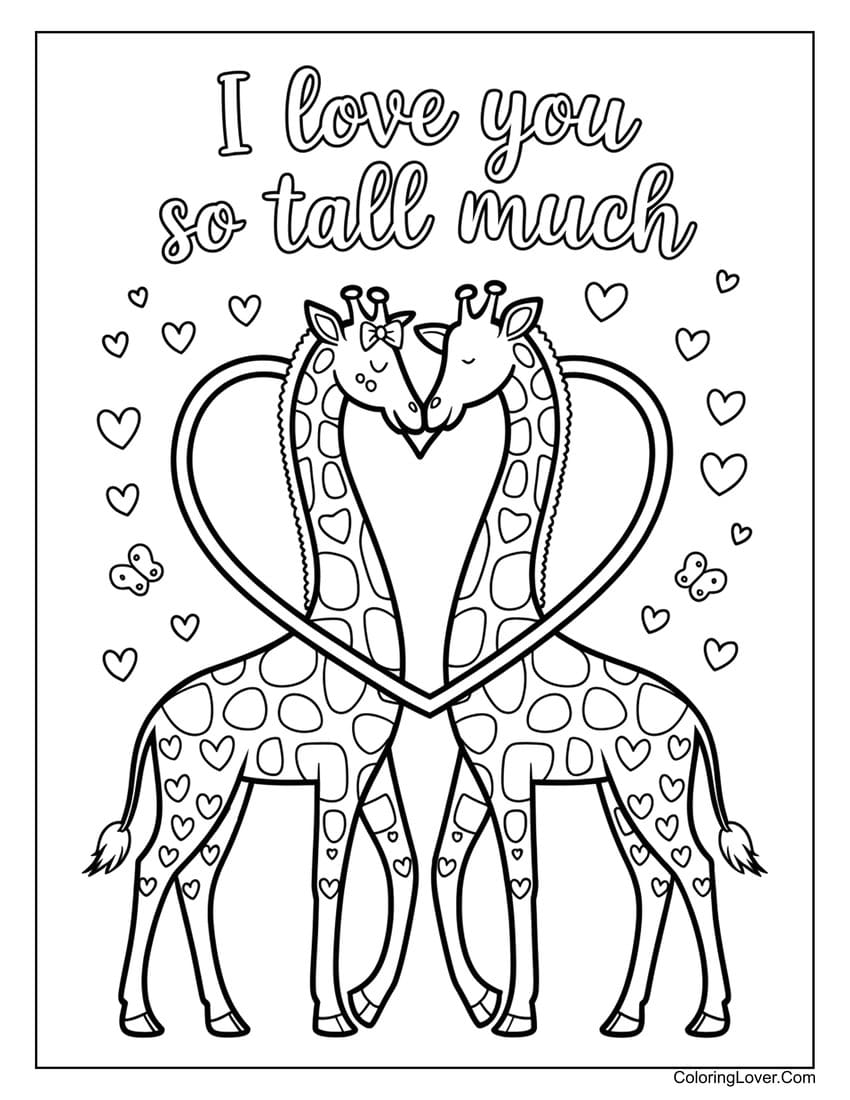 Giraffes forming a heart for Valentine’s Day coloring page