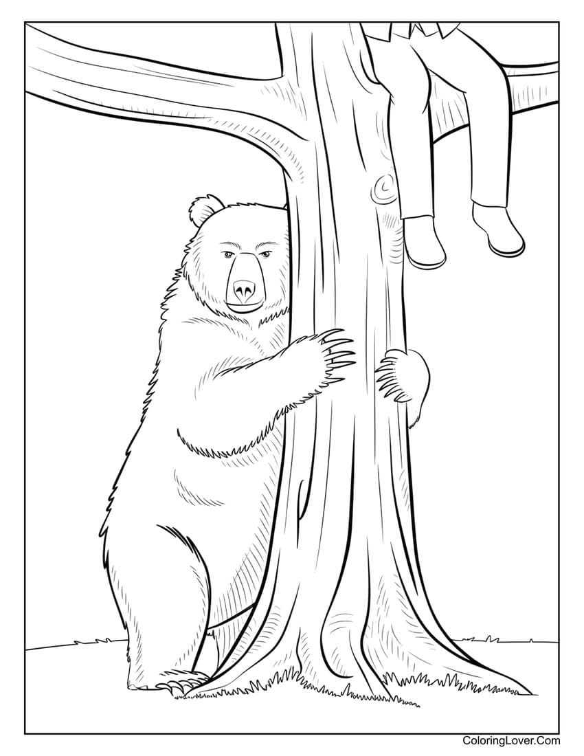 Grizzly bear hiding behind a tree coloring page