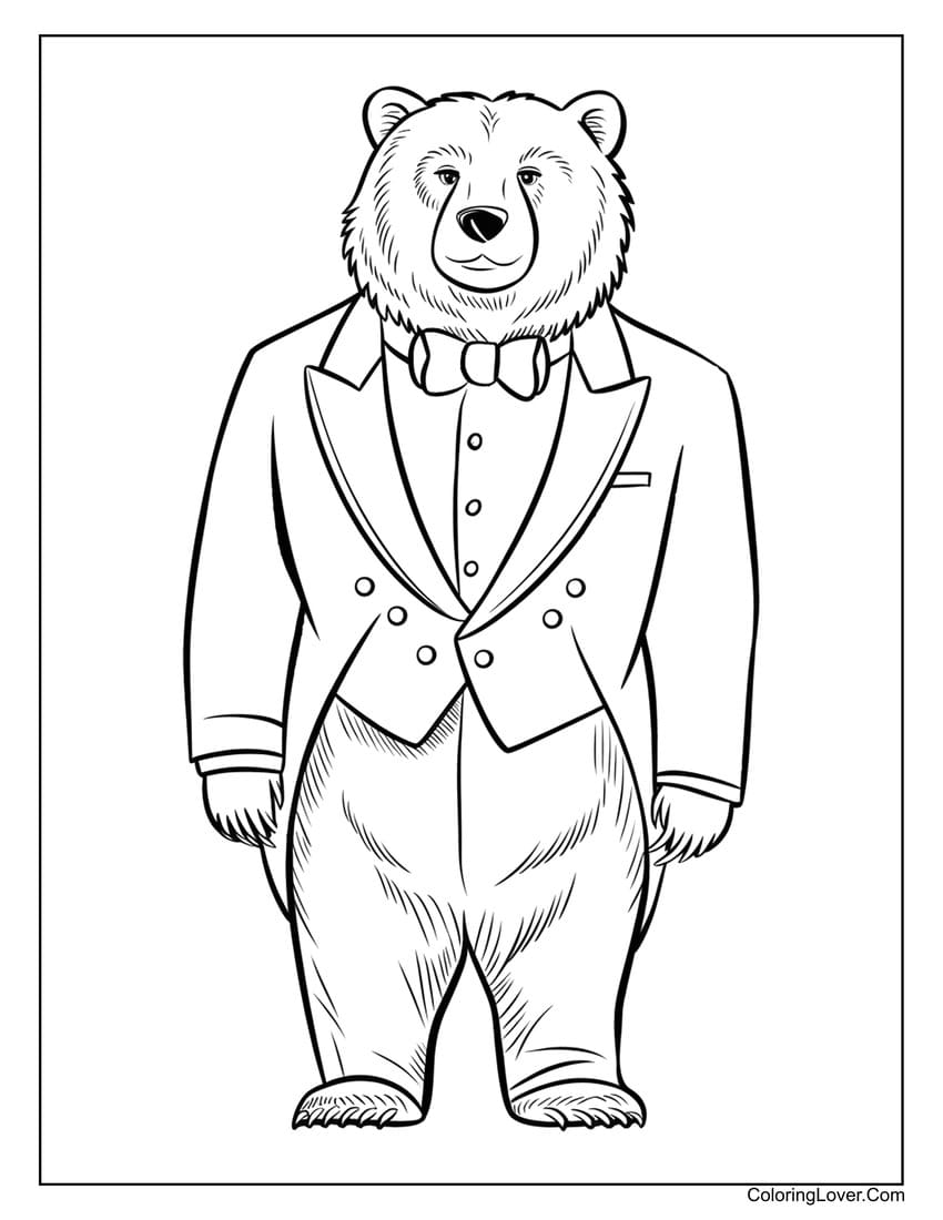 Grizzly bear wearing a tuxedo suit coloring page