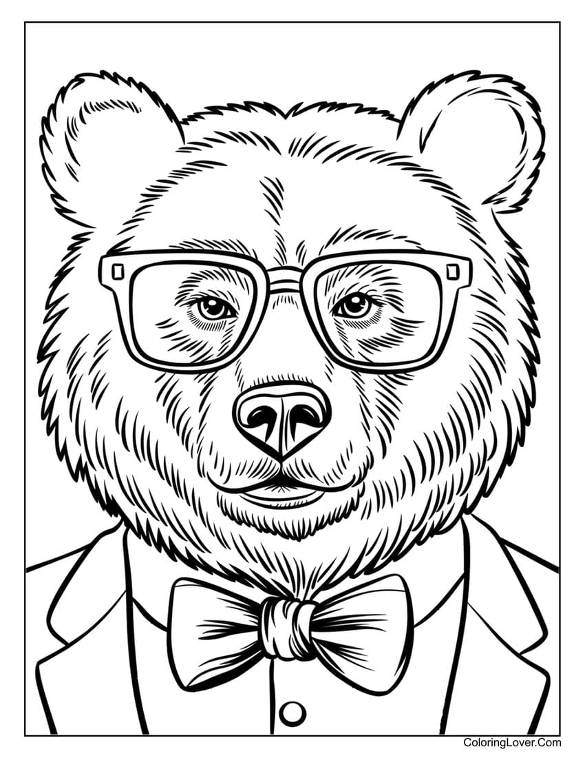 Grizzly bear with glasses and bow tie coloring page