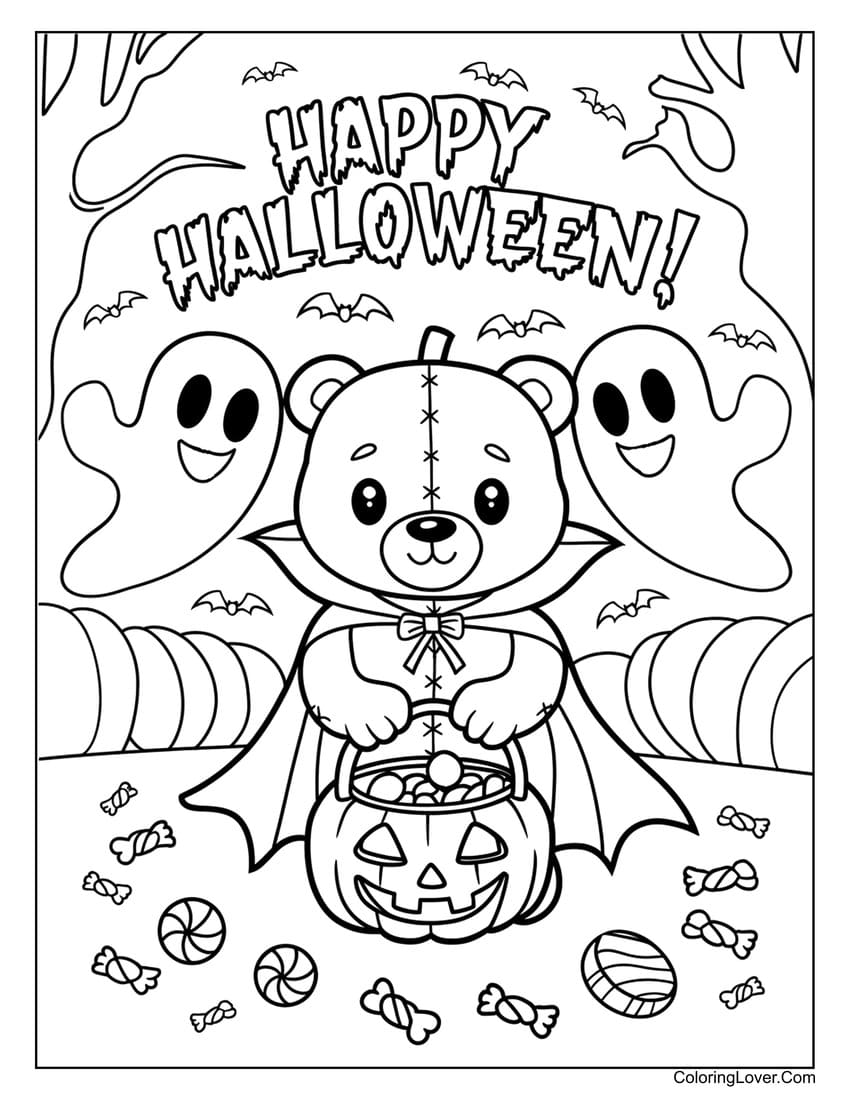 Halloween teddy bear in vampire costume coloring page