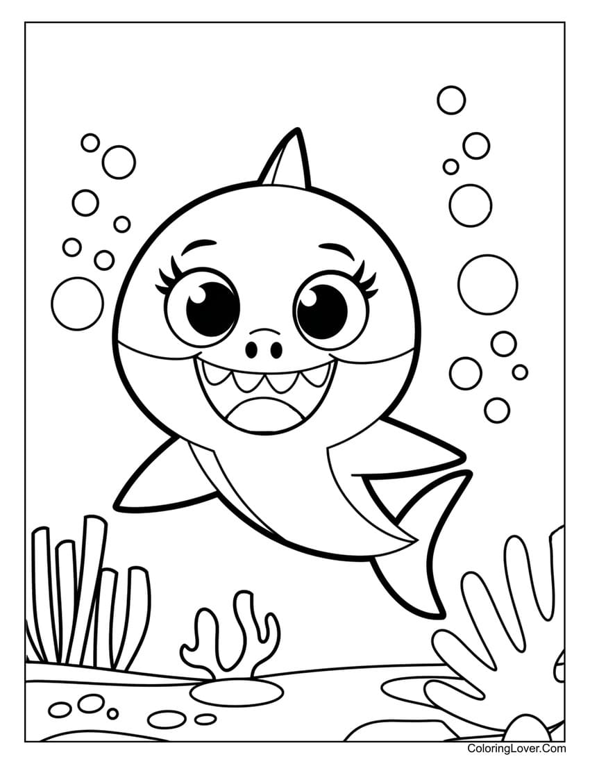 Happy Baby Shark Swimming in Coral Reef Coloring Page for Kids