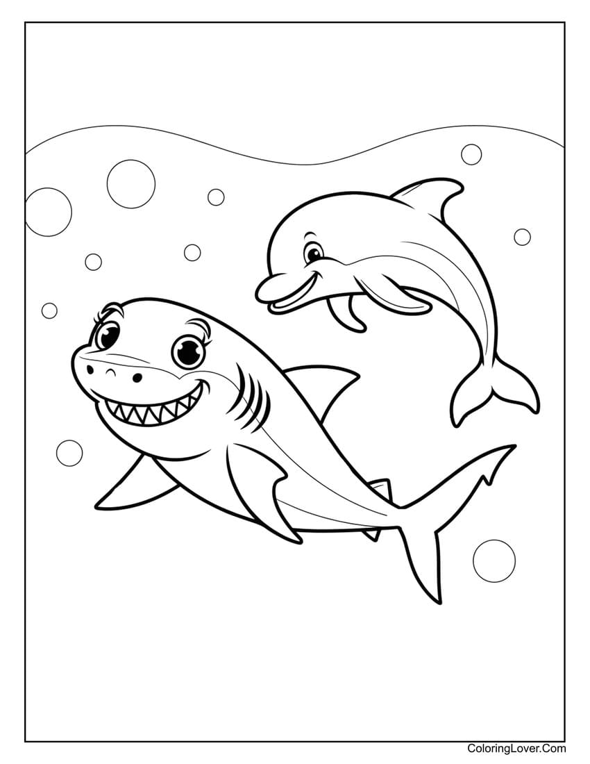 Happy Shark and Dolphin Swimming Together Coloring Page