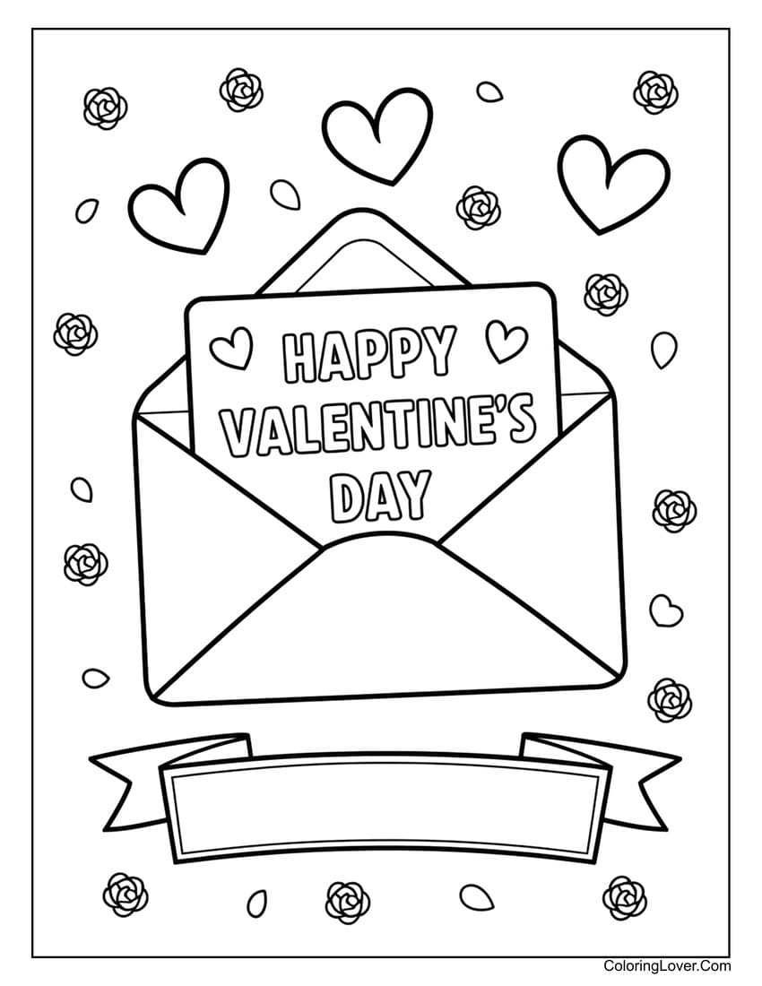 Happy Valentine’s Day envelope coloring card for messages