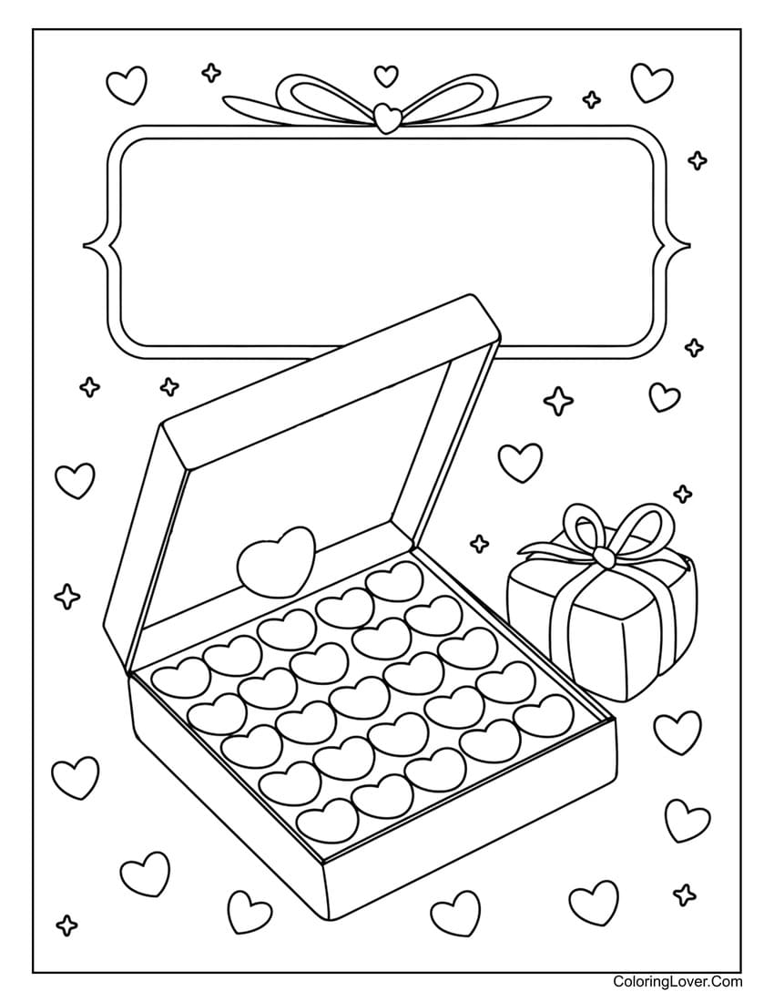 Heart-shaped chocolate box Valentine coloring card with space