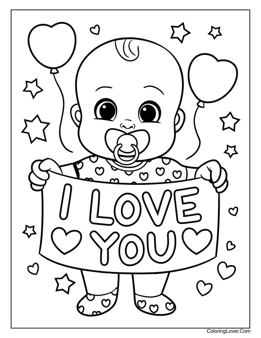 Heart-shaped hot air balloon with love Valentine coloring page