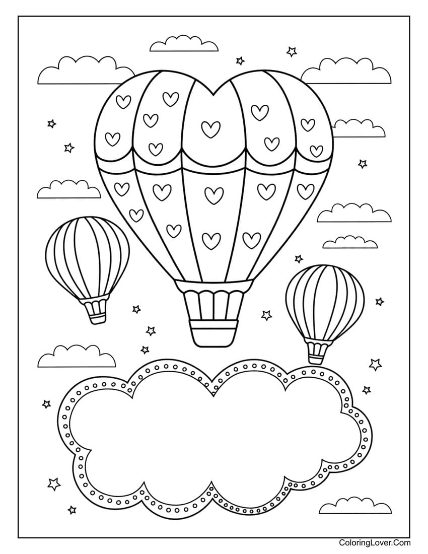 Hot air balloons with hearts Valentine coloring card for messages