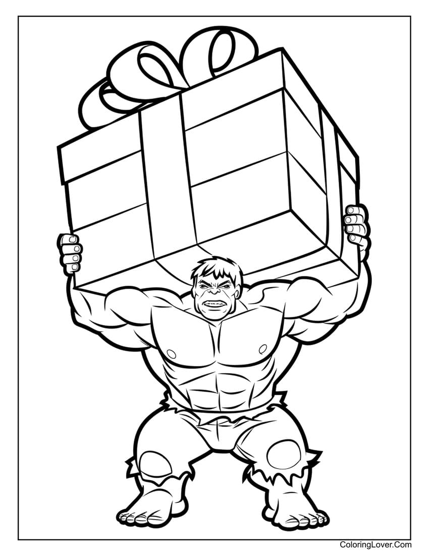 Hulk carrying a giant Christmas gift coloring page