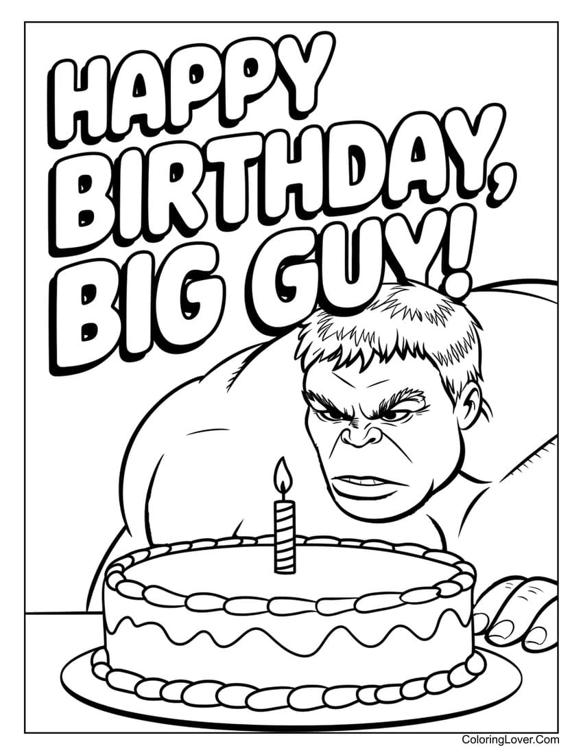 Hulk celebrating birthday with cake coloring page