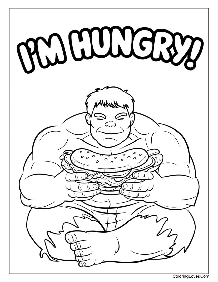 Hulk eating a giant sandwich coloring page