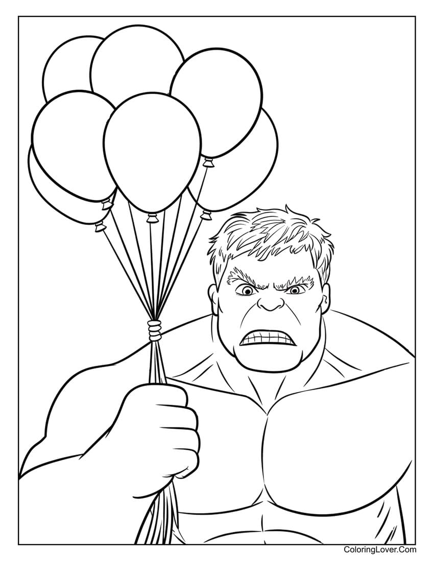 Hulk holding balloons with an angry face coloring page