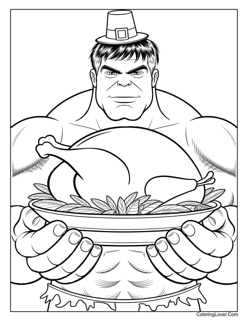 Hulk holding Thanksgiving turkey coloring page