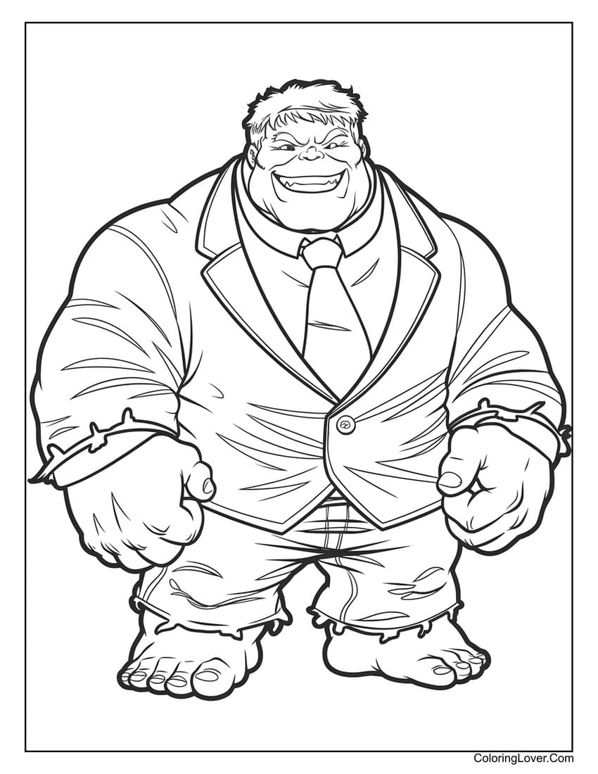 Hulk in a suit smiling coloring page for kids