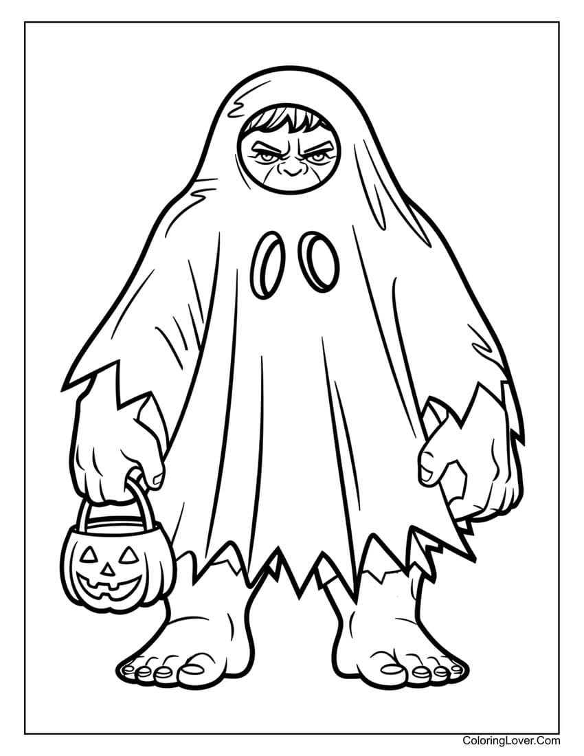 Hulk in ghost costume for Halloween coloring sheet