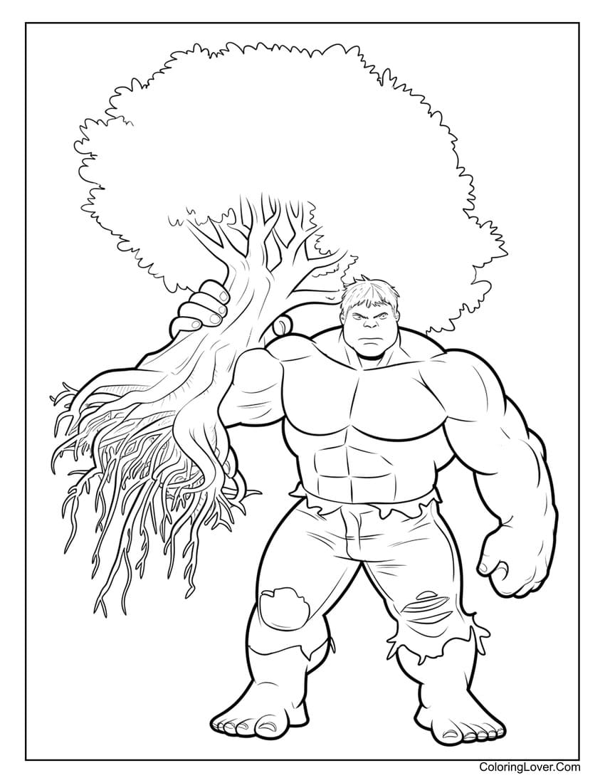 Hulk lifting a tree coloring page