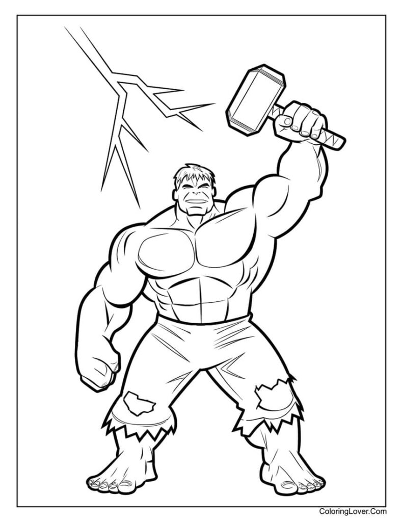 Hulk lifting Thor’s hammer with lightning coloring page