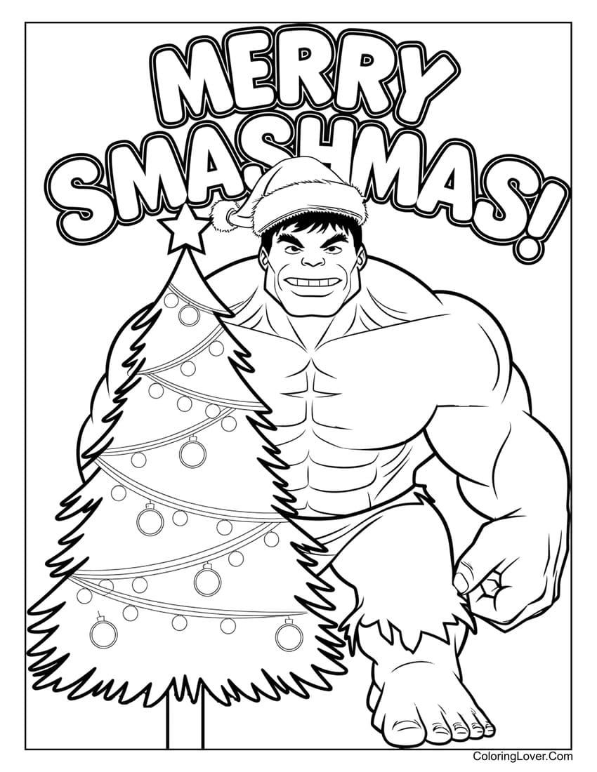 Hulk with Christmas tree and festive coloring page