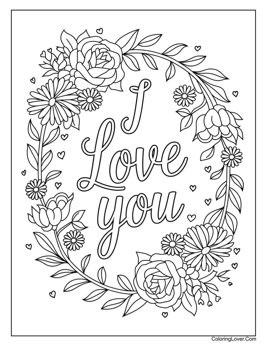 I Love You floral coloring page for Valentine