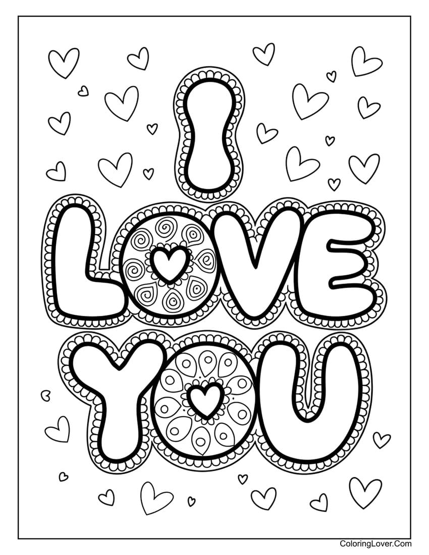 I Love You text with hearts Valentine coloring page