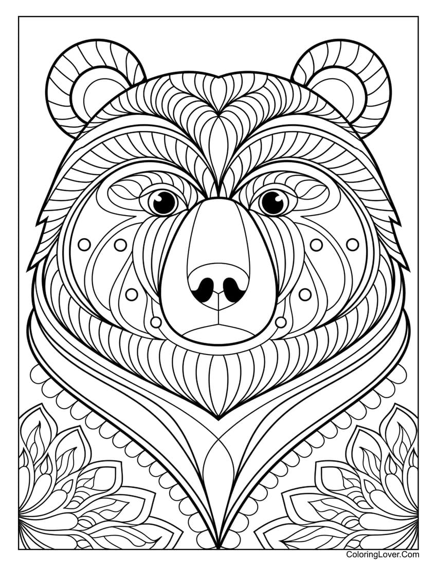 Intricate mandala bear face coloring page