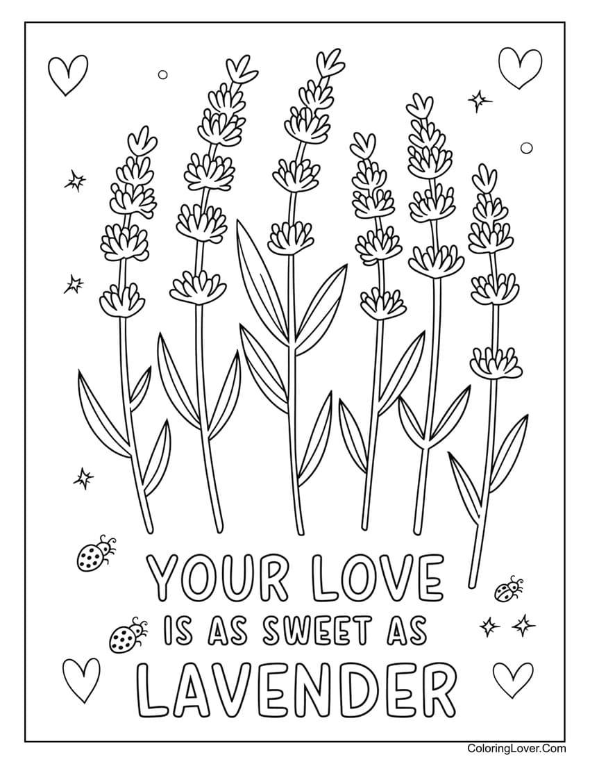 Lavender and ladybugs romantic Valentine coloring page