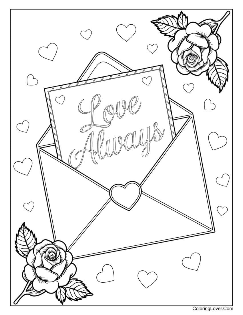 Love Always envelope coloring page with roses