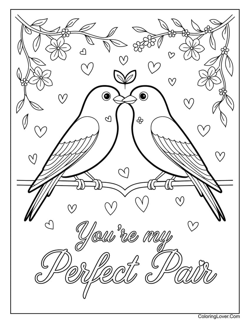 Lovebirds perched with hearts Valentine’s Day coloring page