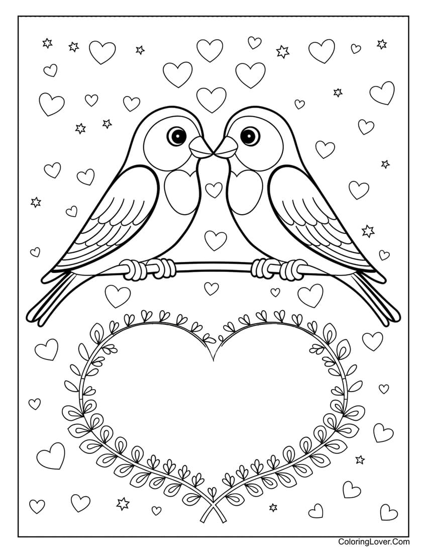 Lovebirds with heart Valentine coloring card for personal notes