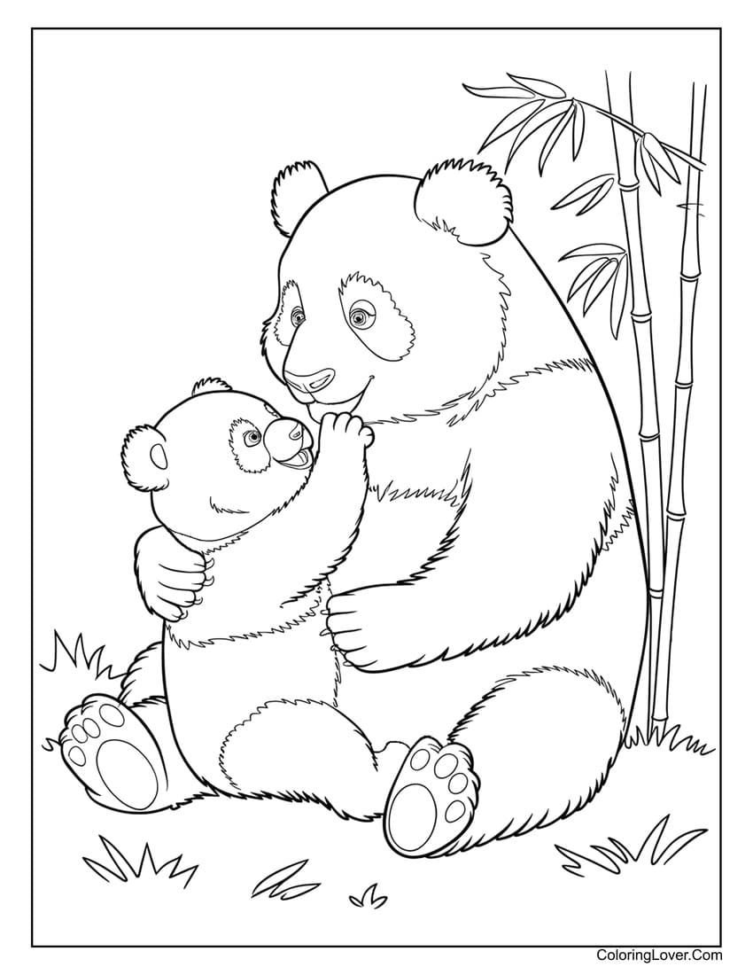 Loving panda mother and baby hugging coloring page