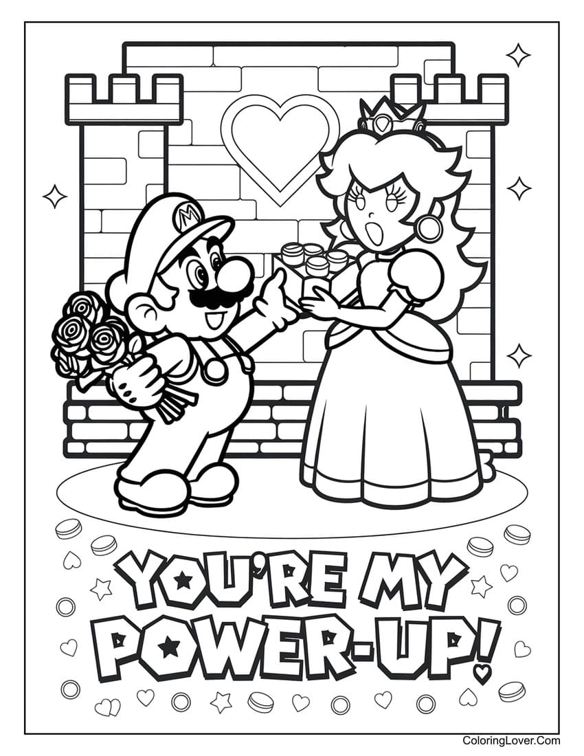 Mario and Princess Peach romantic Valentine coloring page