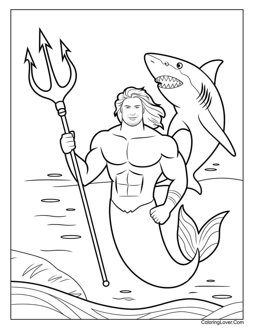 Merman Hero Holding Trident with Shark Companion Coloring Page