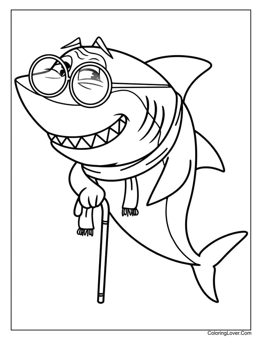 Old Shark with Glasses and Walking Cane Coloring Page