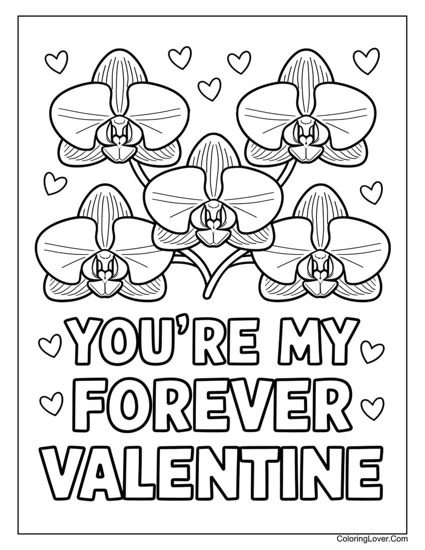 Orchids and hearts forever Valentine’s Day coloring page