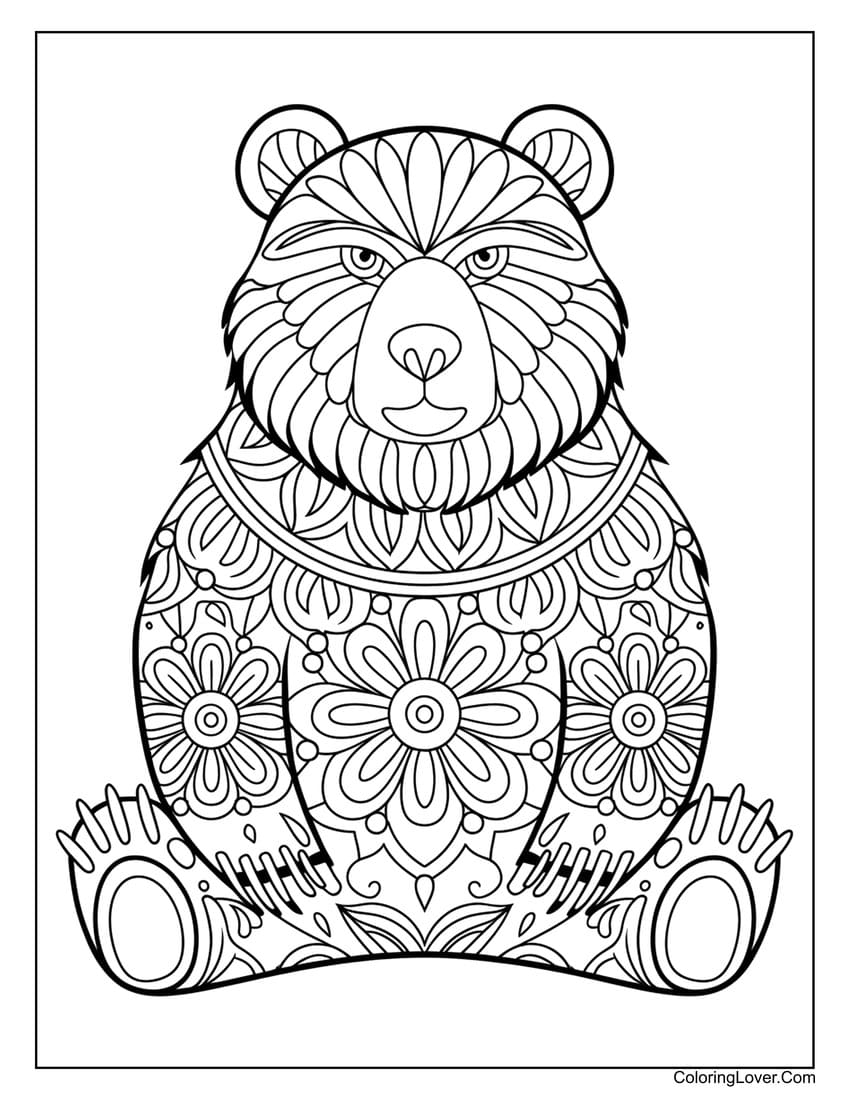 Ornamental bear sitting with floral designs coloring page