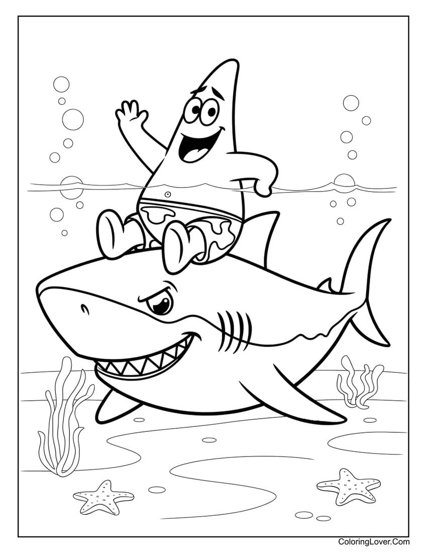 Patrick Star Riding a Shark Underwater Coloring Page