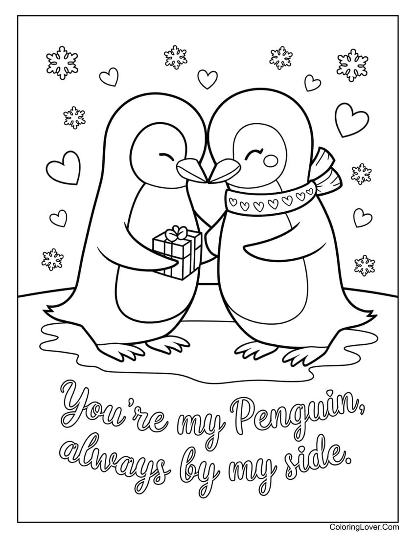 Penguin couple exchanging gifts for Valentine’s Day coloring page