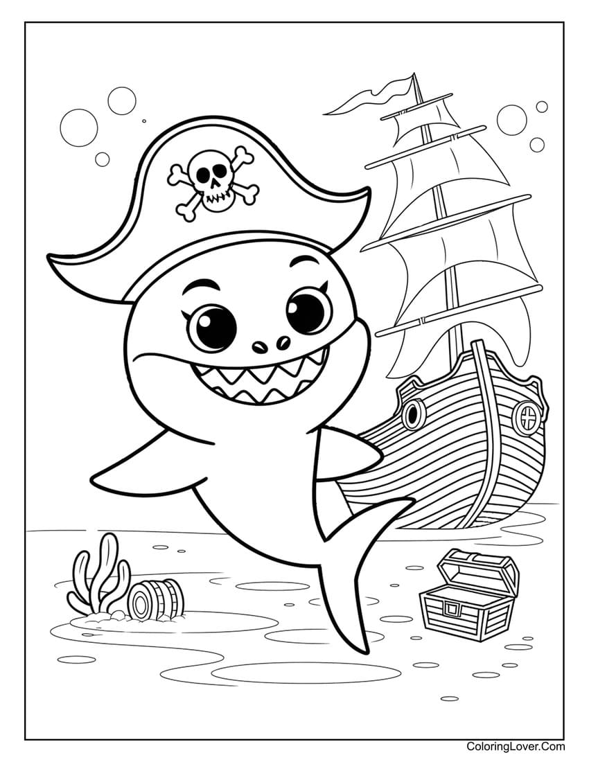 Pirate Baby Shark and Ship Adventure Coloring Page for Kids