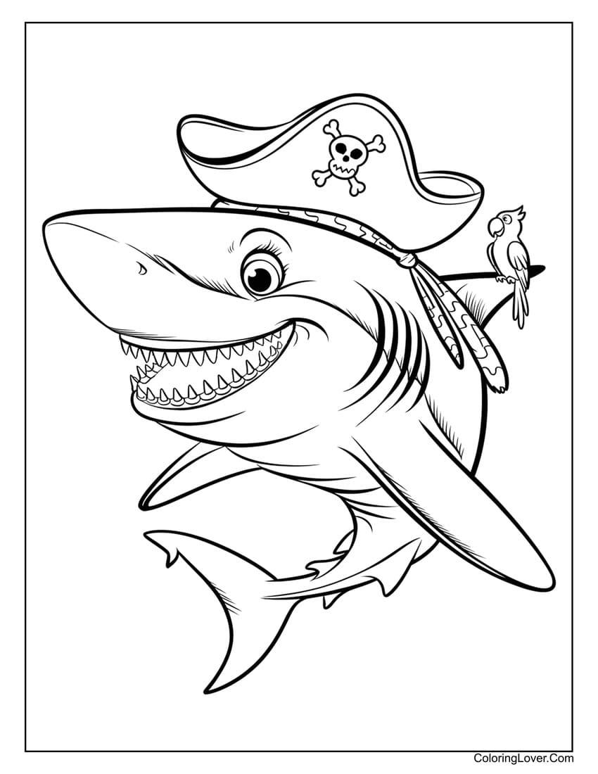 Pirate Shark with Parrot Underwater Coloring Page for Boys