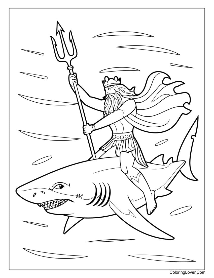 Poseidon the Sea King Riding a Shark Coloring Page