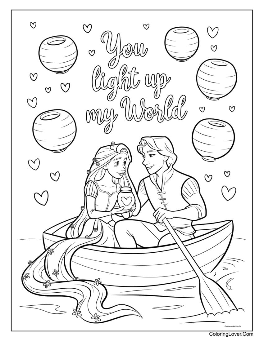 Rapunzel and Flynn Rider in boat Valentine coloring page