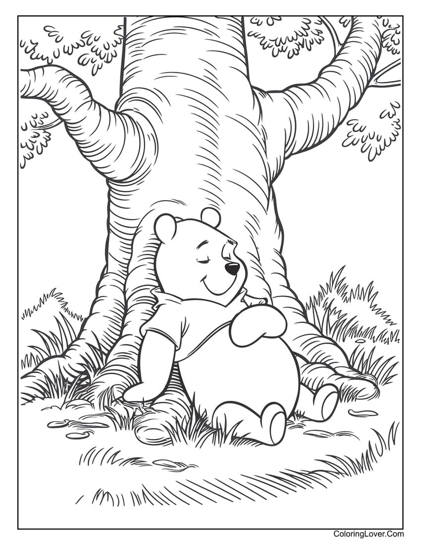 Relaxing Winnie the Pooh Under a Tree Coloring Page