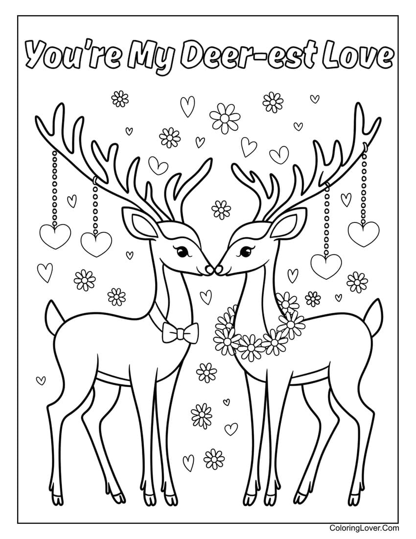 Romantic deer couple with hearts Valentine coloring page