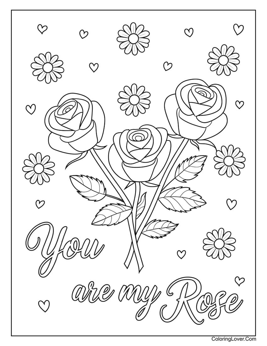 Romantic roses with hearts for Valentine’s Day coloring page