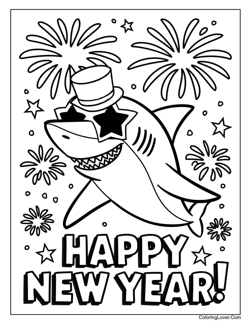 Shark celebrating New Year with fireworks coloring page