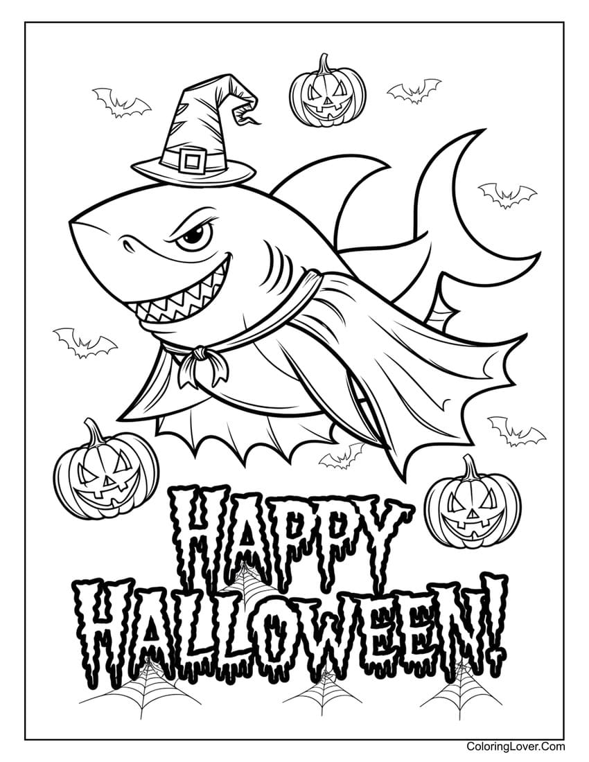 Shark dressed as a witch for Halloween coloring page