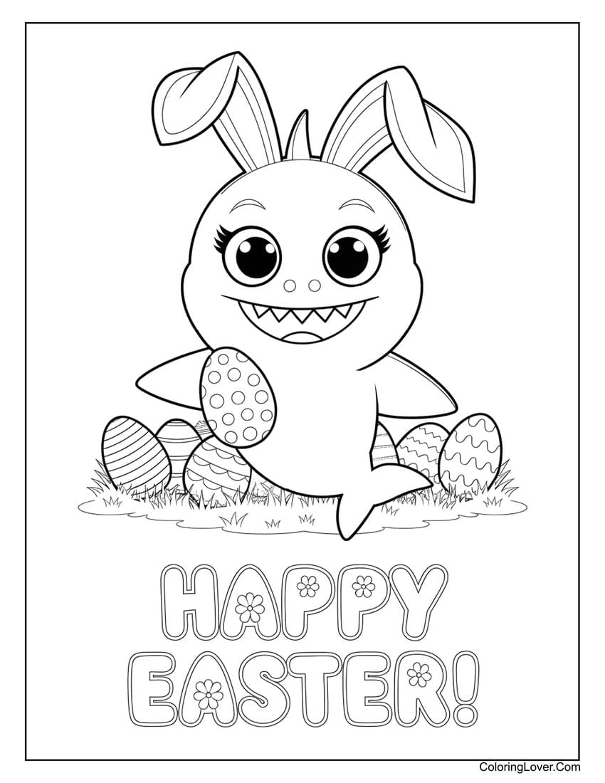 Shark dressed as an Easter bunny with eggs coloring sheet