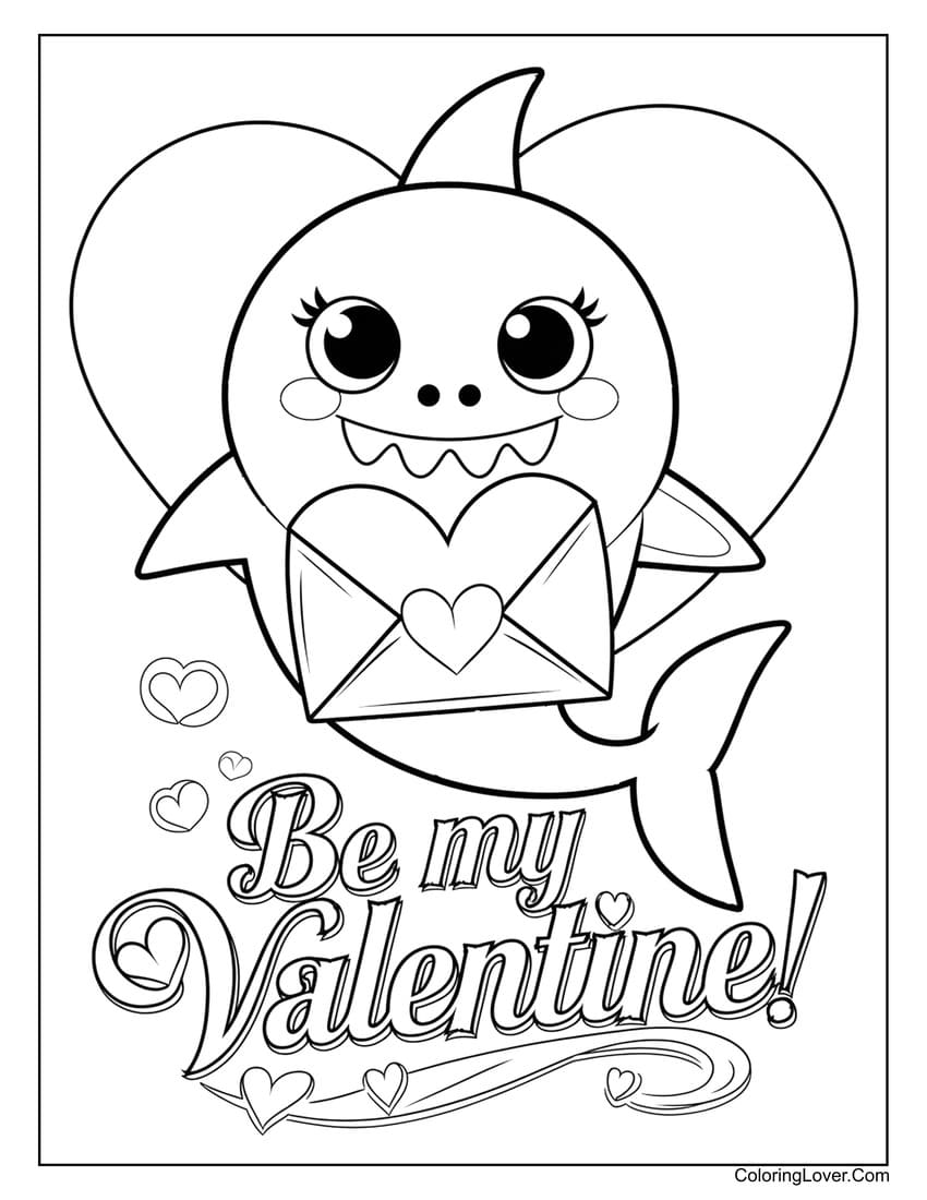 Shark holding a love letter for Valentine's Day coloring page