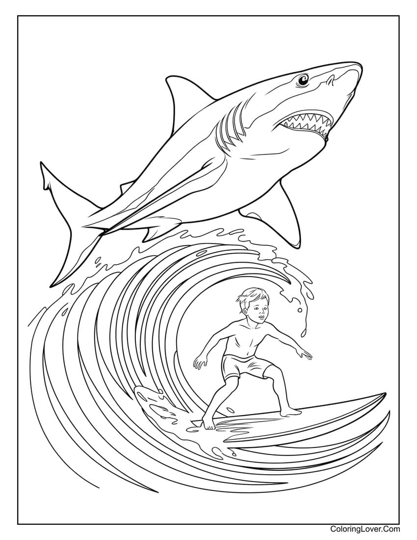 Shark Surfing Wave with Boy Coloring Page