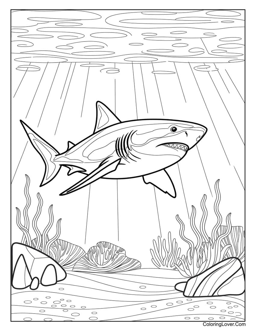 Shark Swimming in Underwater Coral Scene Coloring Page